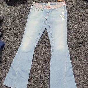 True Religion Light Blue Flare Jeans with Daisy Details